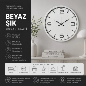 Beyaz Metal Duvar Saati 52 cm · Model 5250W