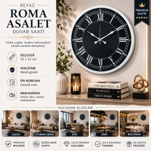 Roma Rakamlı Beyaz Metal Duvar Saati 52 cm · Model 5251W