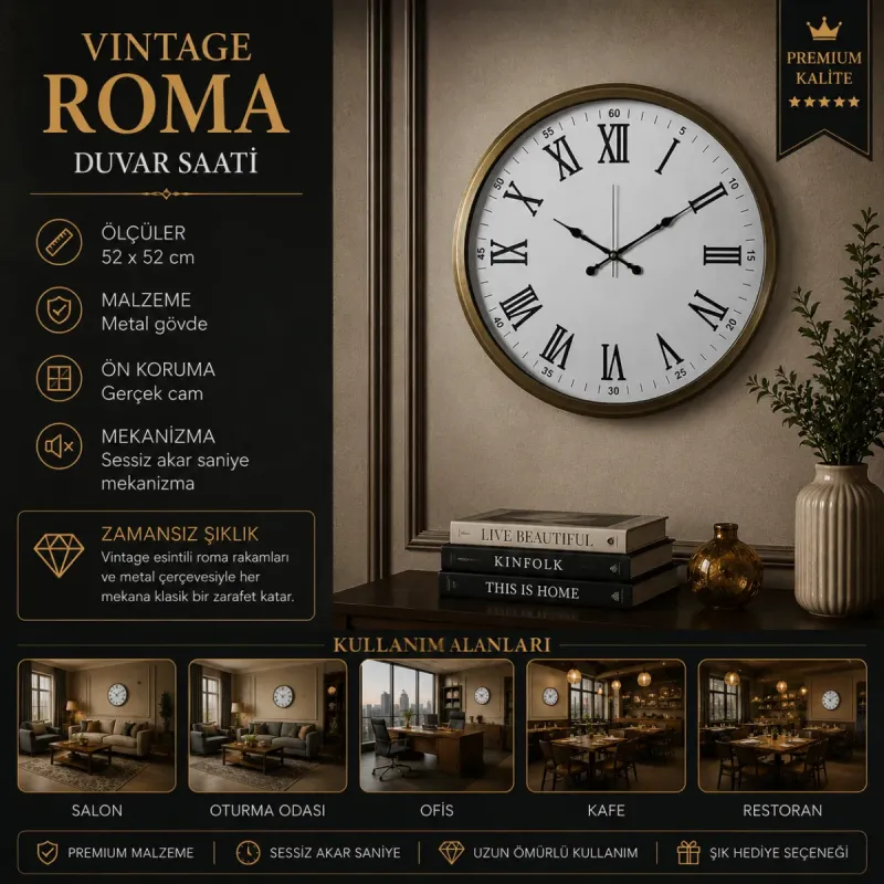 Roma Rakamlı Retro Görünümlü Eskitme Metal Duvar Saati 52 cm · Model 5254E