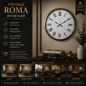 Roma Rakamlı Retro Görünümlü Eskitme Metal Duvar Saati 52 cm · Model 5254E