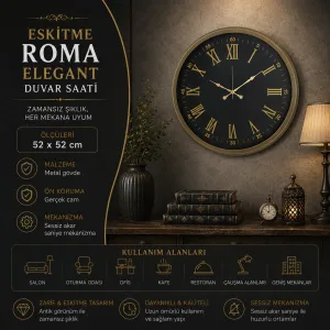 Roma Rakamlı Eskitme Metal Duvar Saati 52 cm · Model 5273E