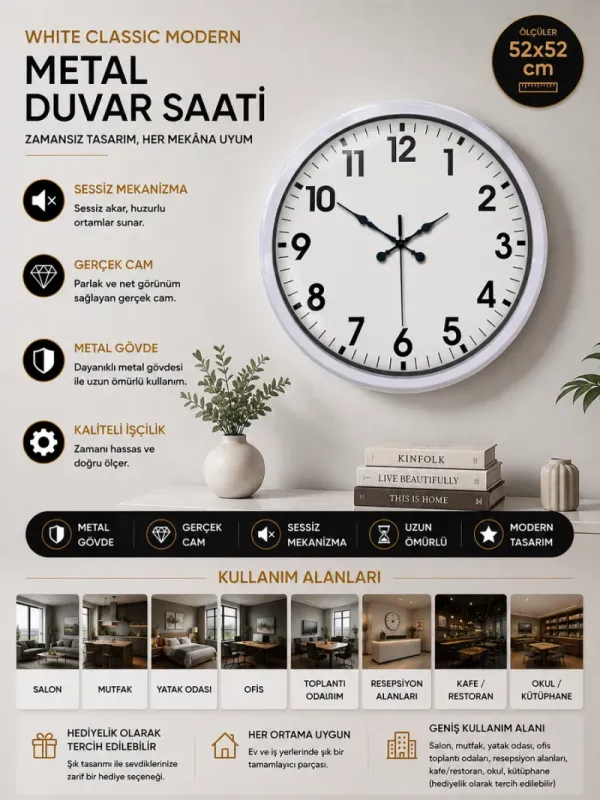 Beyaz Metal Duvar Saati 52 cm · Model 5201W