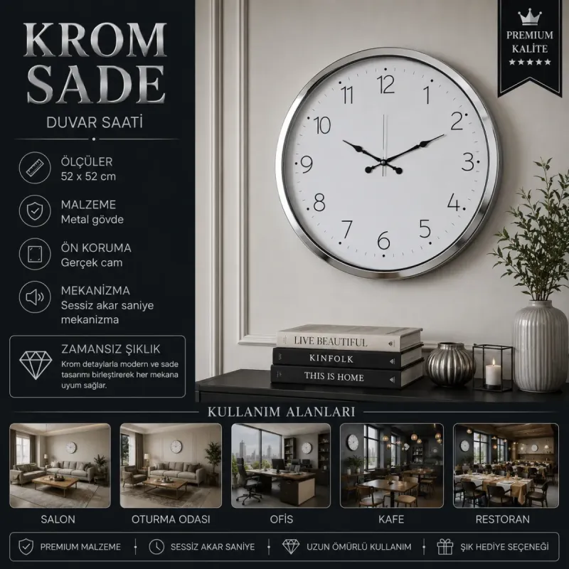 Krom Metal Duvar Saati 52 cm · Model 5204K