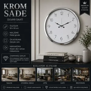Krom Metal Duvar Saati 52 cm · Model 5204K