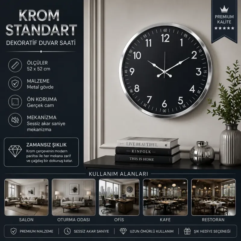 Krom Metal Duvar Saati 52 cm · Model 5207K