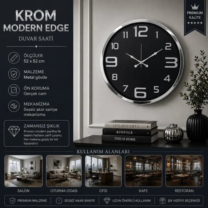 Krom Metal Duvar Saati 52 cm · Model 5209K