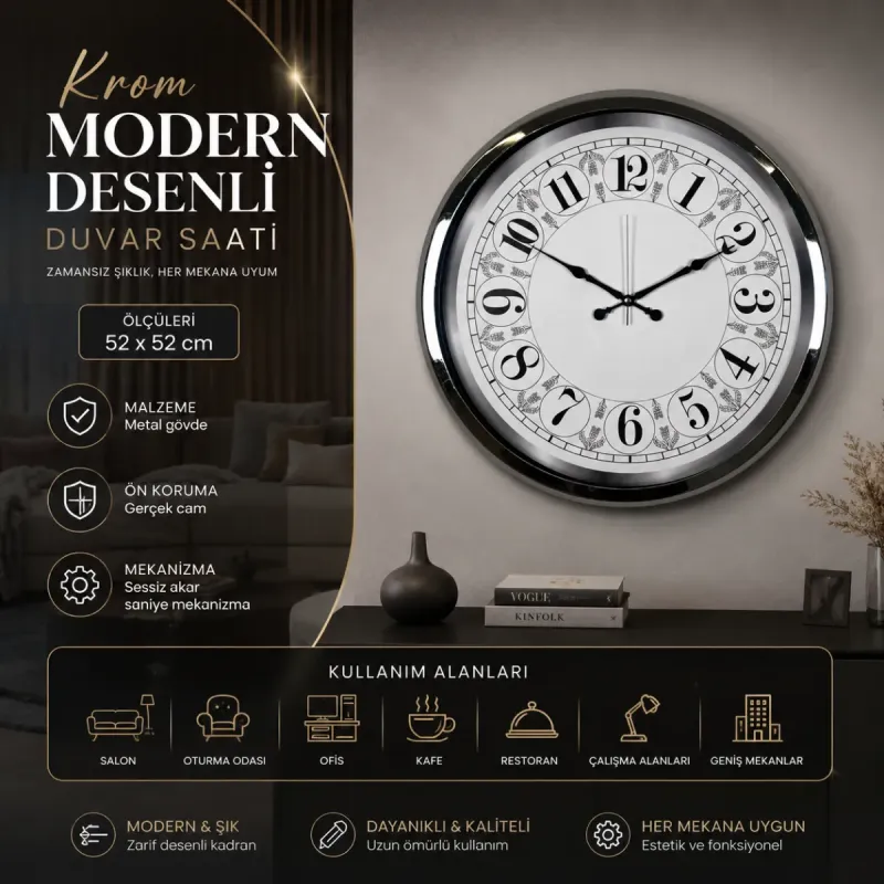 Desenli Krom Metal Duvar Saati 52 cm · Model 5220K