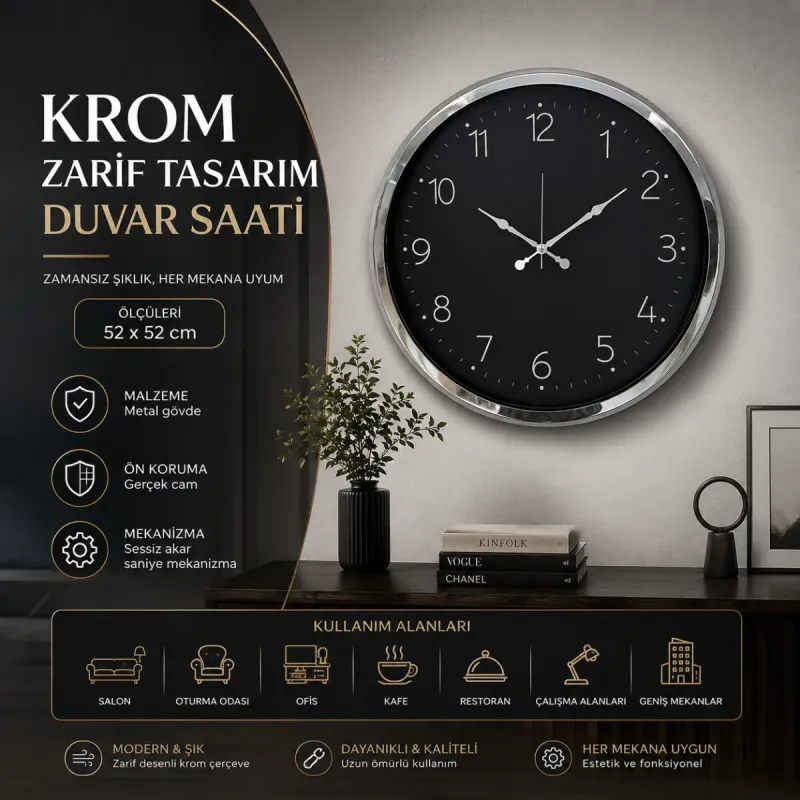 Krom Metal Duvar Saati 52 cm · Model 5247K