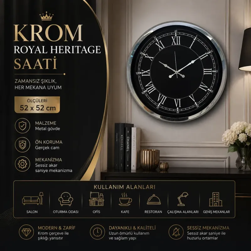 Krom Metal Duvar Saati 52 cm · Model 5251K