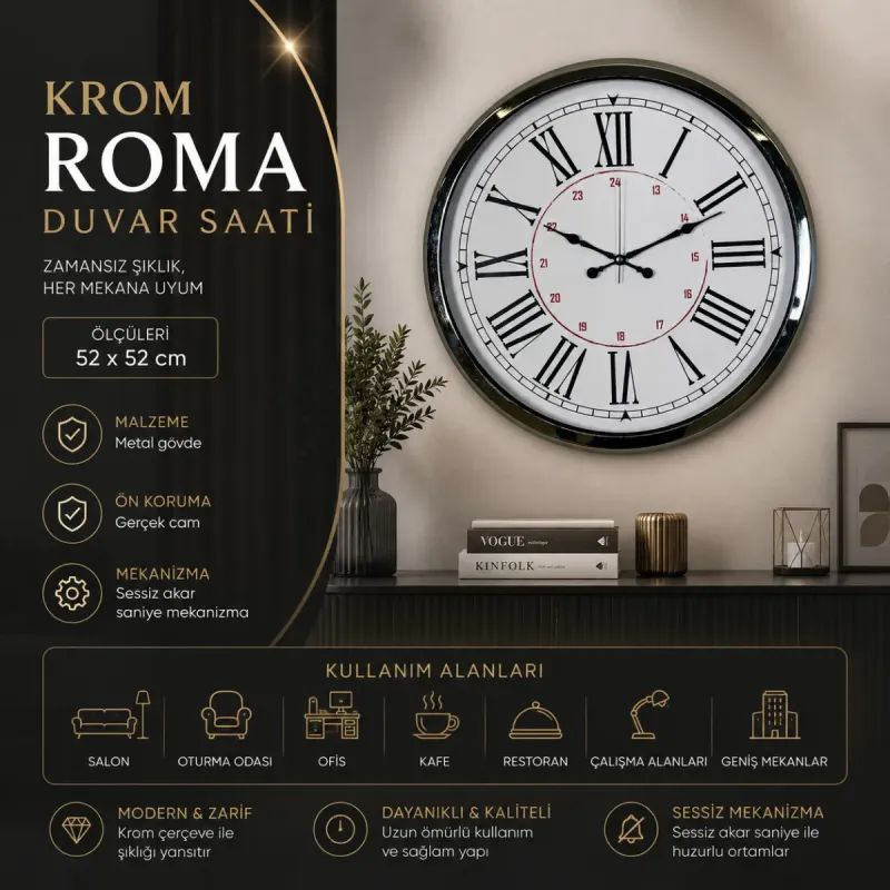 Roma Rakamlı Krom Metal Duvar Saati 52 cm · Model 5252K
