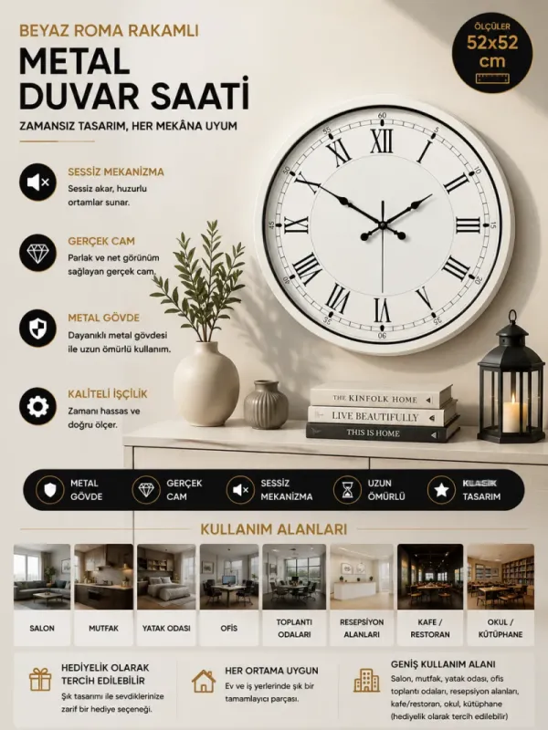 Roma Rakamlı Beyaz Metal Duvar Saati 52 cm · Model 5255W