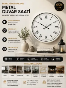Roma Rakamlı Beyaz Metal Duvar Saati 52 cm · Model 5255W