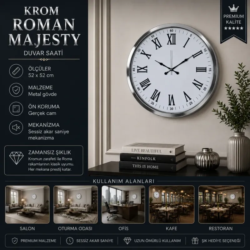 Roma Rakamlı Krom Metal Duvar Saati 52 cm · Model 5254K