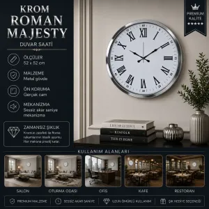 Roma Rakamlı Krom Metal Duvar Saati 52 cm · Model 5254K