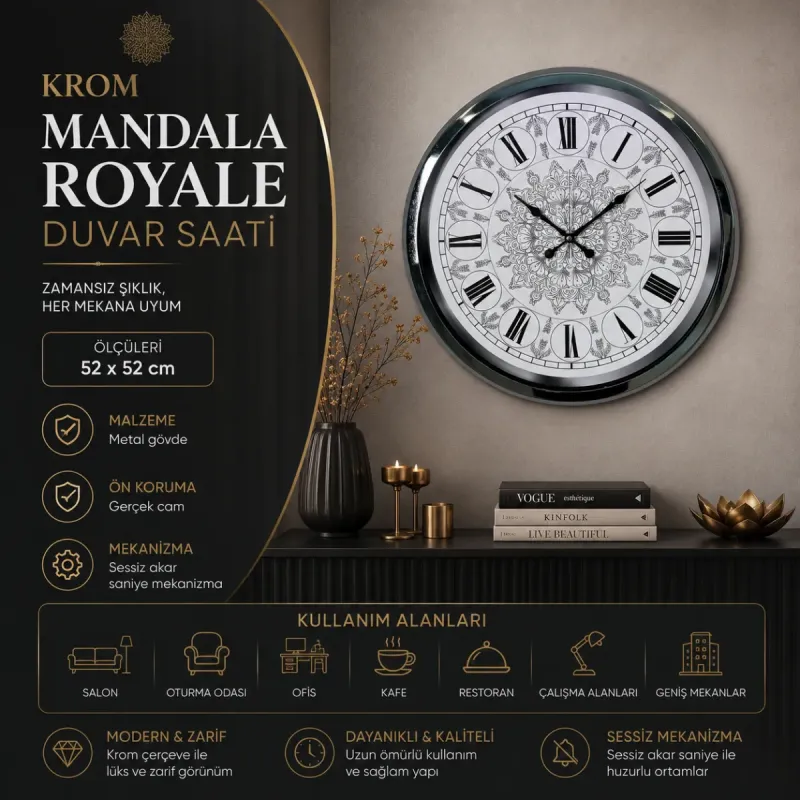 Krom Metal Duvar Saati 52 cm · Model 5262K