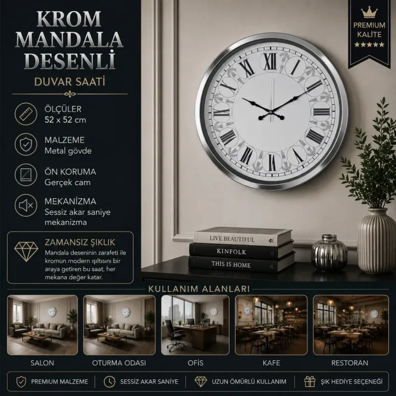 Krom Metal Duvar Saati 52 cm · Model 5264K