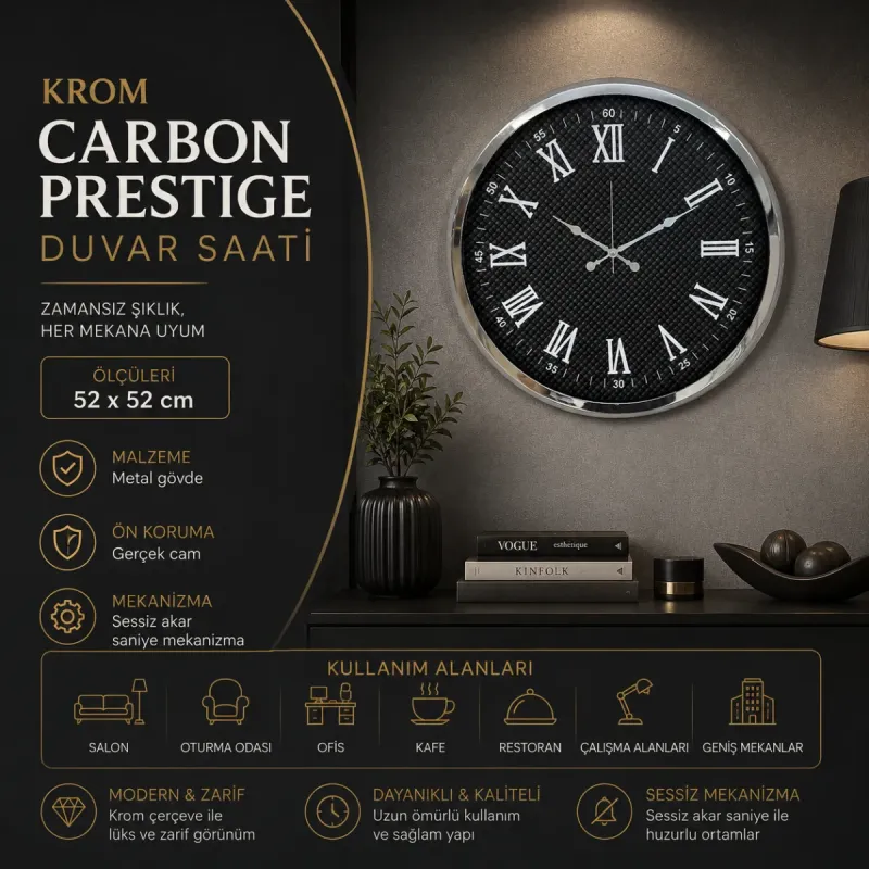 Krom Metal Duvar Saati 52 cm · Model 5290K