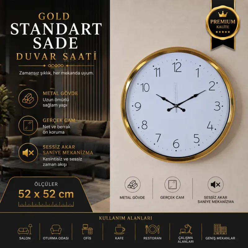 Gold Metal Duvar Saati 52 cm · Model 5204G