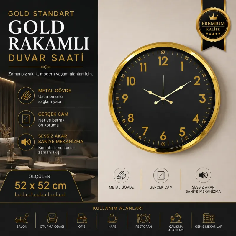 Gold Metal Duvar Saati 52 cm · Model 5206G