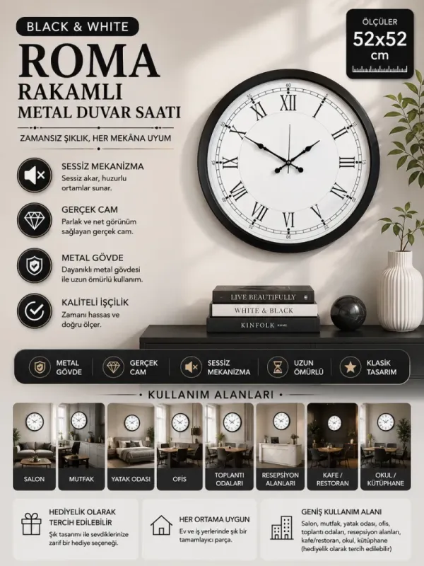 Roma Rakamlı Siyah Metal Duvar Saati 52 cm · Model 5255B