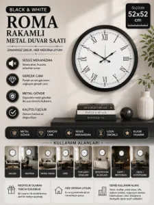 Roma Rakamlı Siyah Metal Duvar Saati 52 cm · Model 5255B
