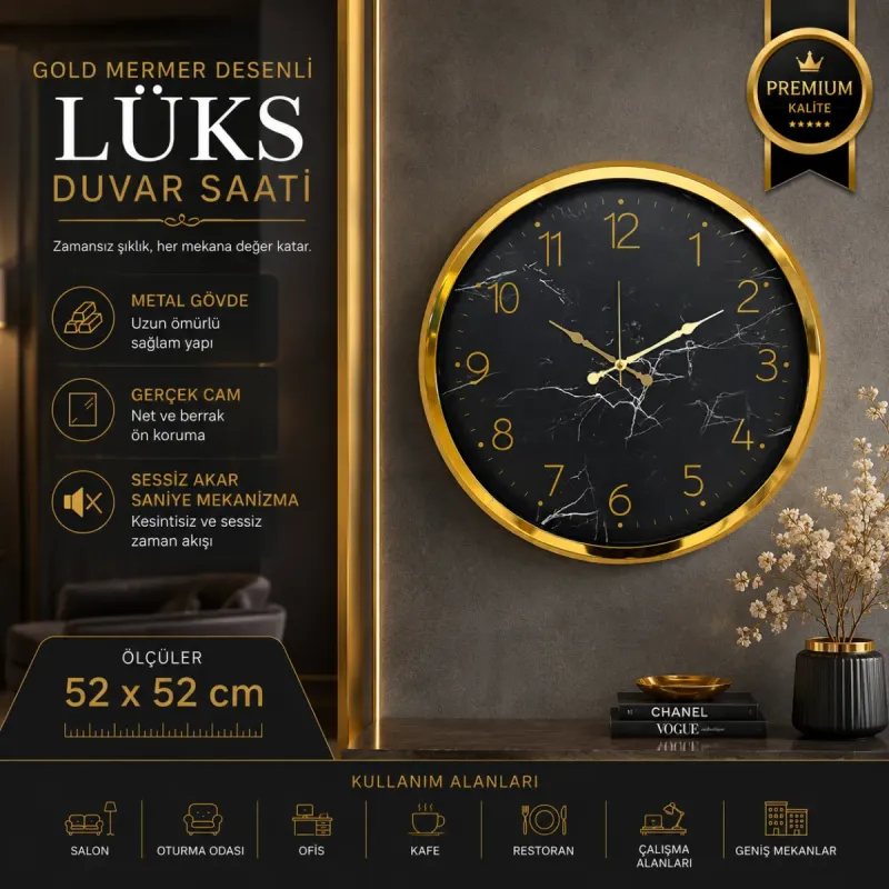 Desenli Gold Metal Duvar Saati 52 cm · Model 5211G