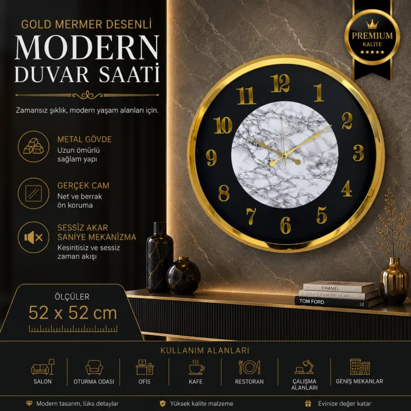 Desenli Gold Metal Duvar Saati 52 cm · Model 5222G