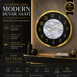 Desenli Gold Metal Duvar Saati 52 cm · Model 5222G
