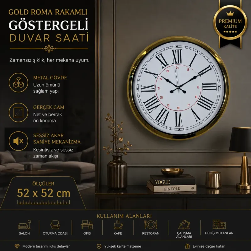 Roma Rakamlı Göstergeli Gold Metal Duvar Saati 52 cm · Model 5252G