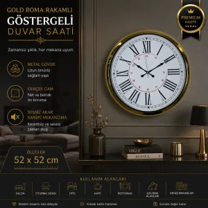 Roma Rakamlı Göstergeli Gold Metal Duvar Saati 52 cm · Model 5252G