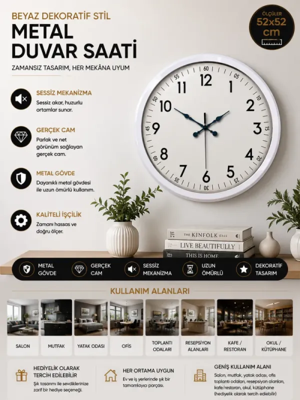 Beyaz Metal Duvar Saati 52 cm · Model 5205W