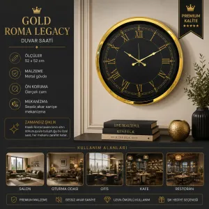 Roma Rakamlı Gold Metal Duvar Saati 52 cm · Model 5272G