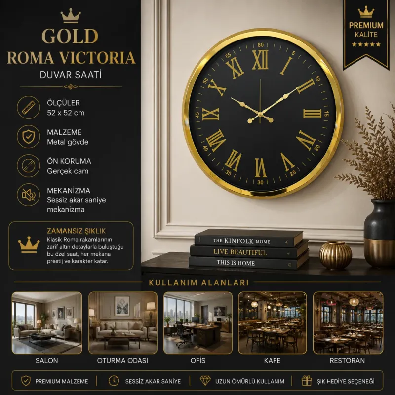 Roma Rakamlı Gold Metal Duvar Saati 52 cm · Model 5273G
