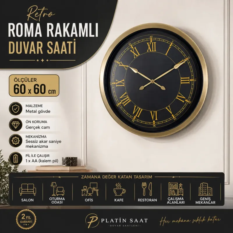 Roma Rakamlı Retro Görünümlü Eskitme Metal Duvar Saati 60 cm · Model 6072E