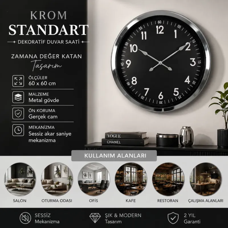 Krom Metal Duvar Saati 60 cm · Model 6007K