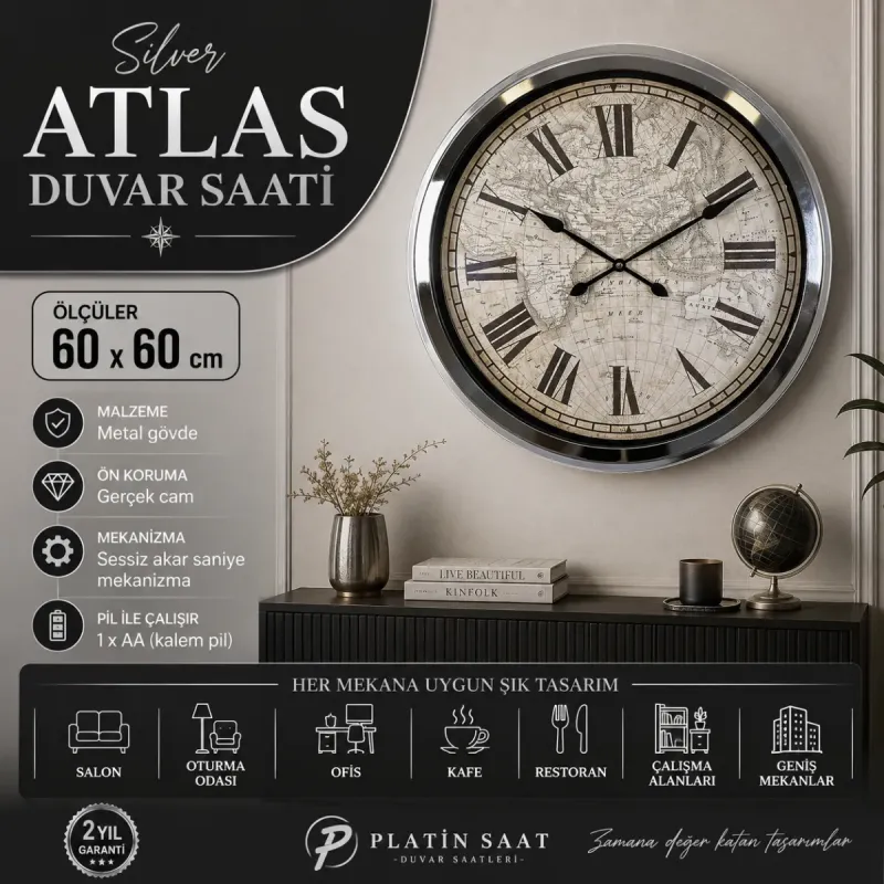 Krom Metal Duvar Saati 60 cm · Model 6057K