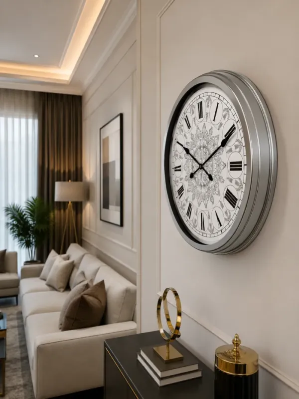 Desenli Krom Metal Duvar Saati 60 cm · Model 6062K