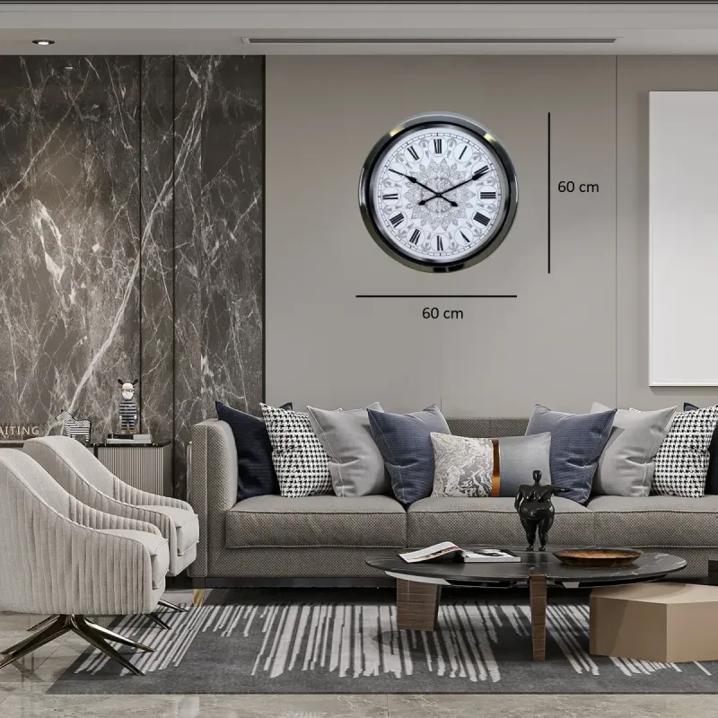 Desenli Krom Metal Duvar Saati 60 cm · Model 6062K