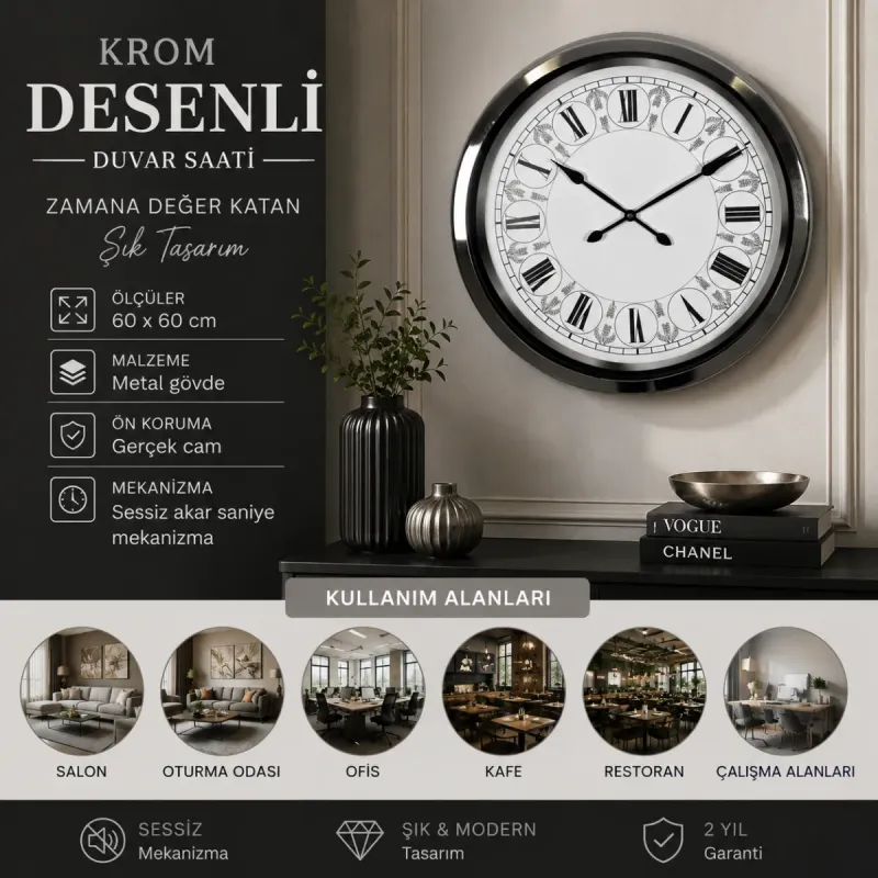 Desenli Krom Metal Duvar Saati 60 cm · Model 6063K