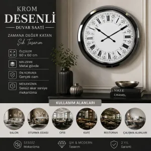 Desenli Krom Metal Duvar Saati 60 cm · Model 6063K