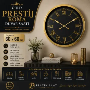 Roma Rakamlı Gold Metal Duvar Saati 60 cm · Model 6072G