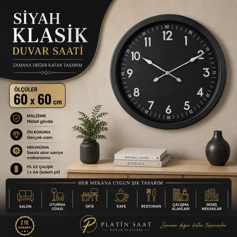 Siyah Metal Duvar Saati 60 cm · Model 6007B