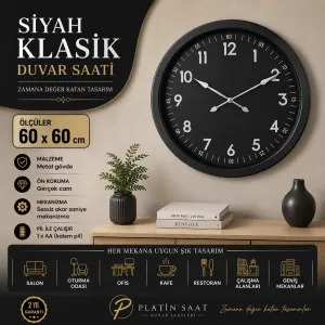 Siyah Metal Duvar Saati 60 cm · Model 6007B