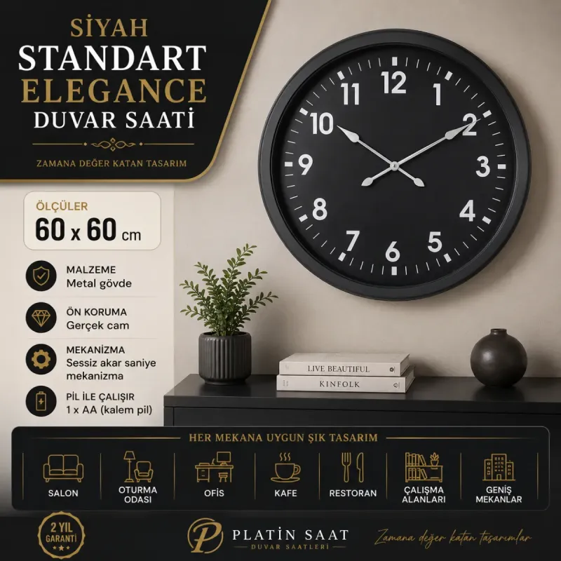 Siyah Metal Duvar Saati 60 cm · Model 6030B