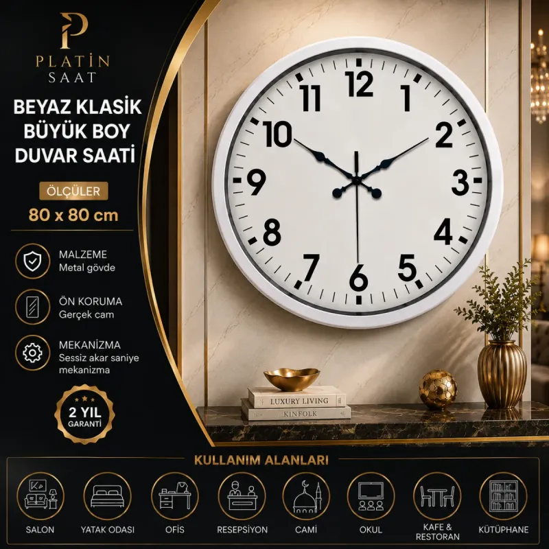 Beyaz Metal Duvar Saati 80 cm · Model 10387