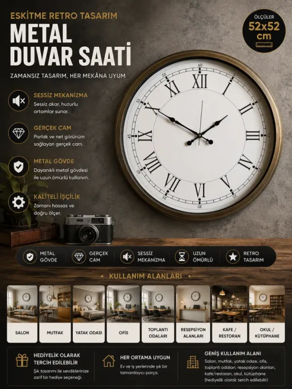 Retro Görünümlü Eskitme Metal Duvar Saati 52 cm · Model 5255E