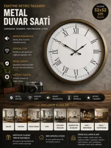 Retro Görünümlü Eskitme Metal Duvar Saati 52 cm · Model 5255E
