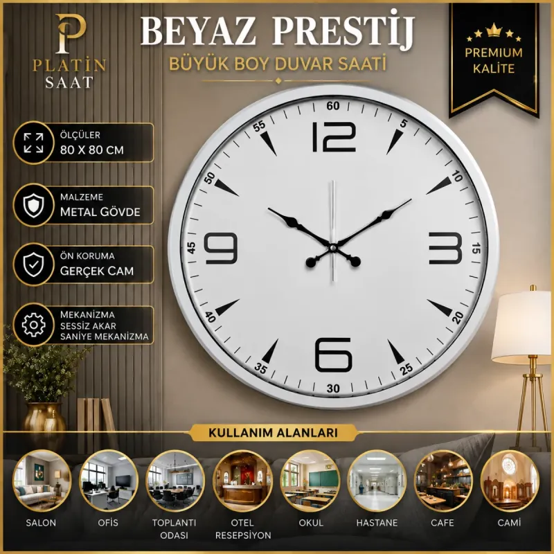Beyaz Metal Duvar Saati 80 cm · Model 8050W