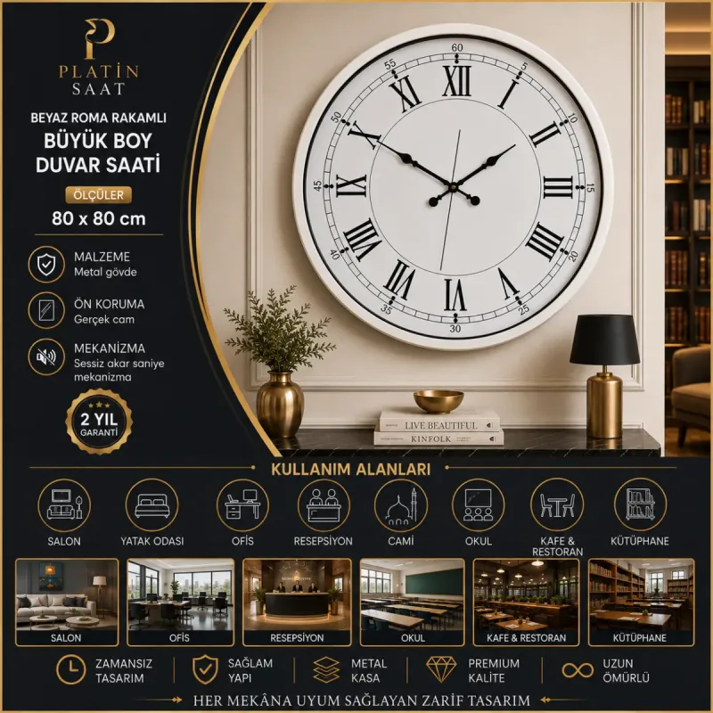 Roma Rakamlı Beyaz Metal Duvar Saati 80 cm · Model 8055W