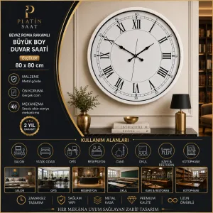 Roma Rakamlı Beyaz Metal Duvar Saati 80 cm · Model 8055W